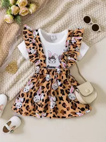 Baby Cartoon Graphic Bodysuit & Leopard Print Ruffle Trim Pinafore Skirt - Multicolor - View 1