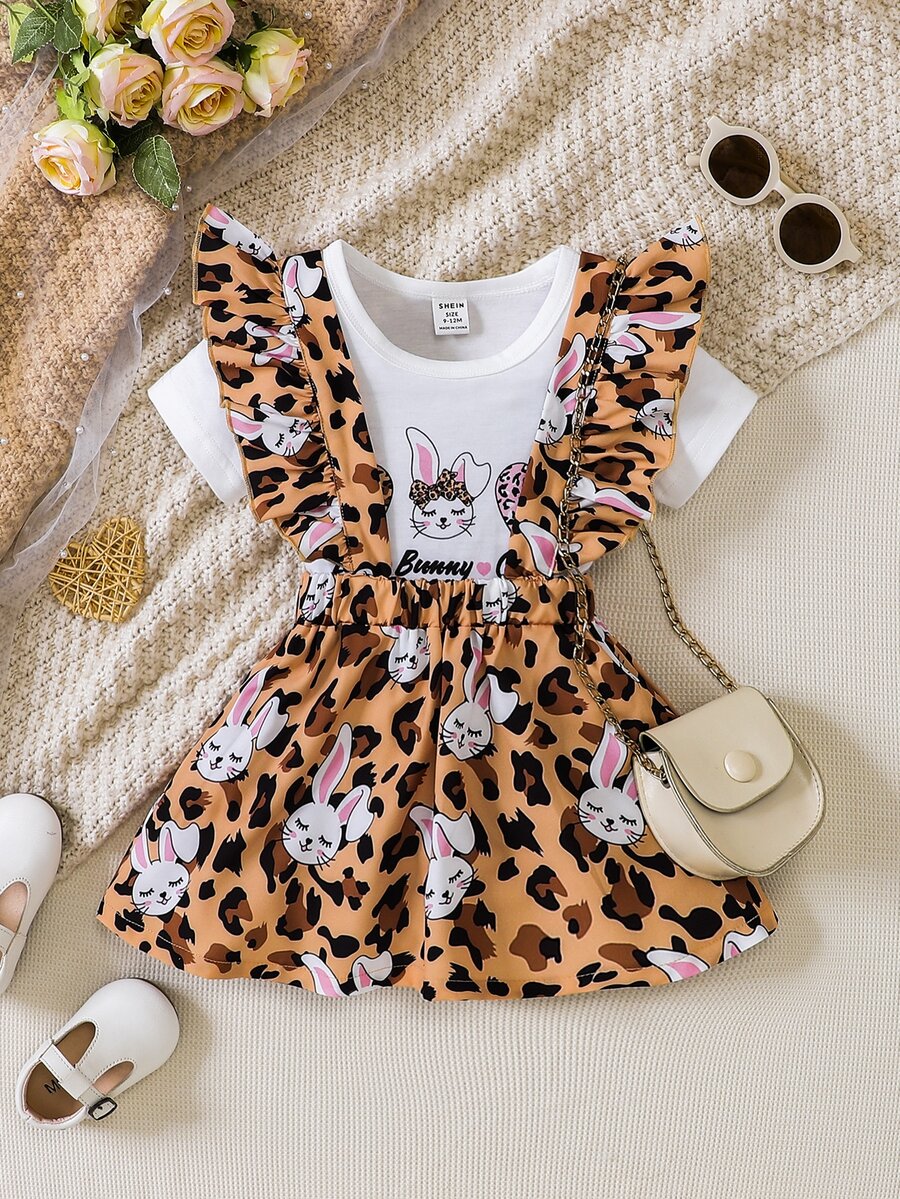 Baby Cartoon Graphic Bodysuit & Leopard Print Ruffle Trim Pinafore Skirt - Multicolor - View 1