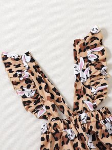 Baby Cartoon Graphic Bodysuit & Leopard Print Ruffle Trim Pinafore Skirt - Multicolor - View 7
