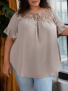 SHEIN CURVE+ Plus Contrast Lace Flounce Sleeve Blouse - Khaki - View 1