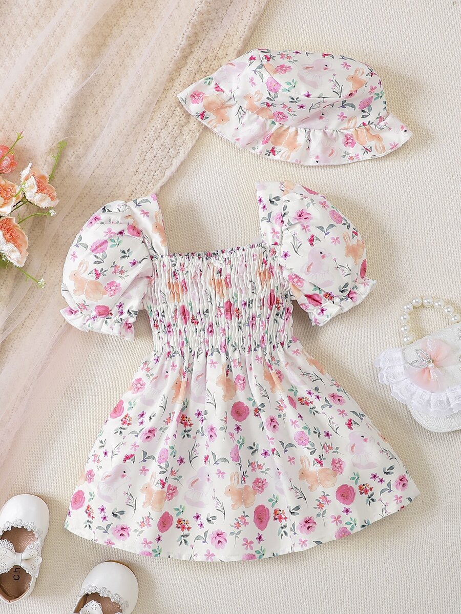 嬰兒印花泡泡袖連衣裙和帽 - 白色 - 查看 1