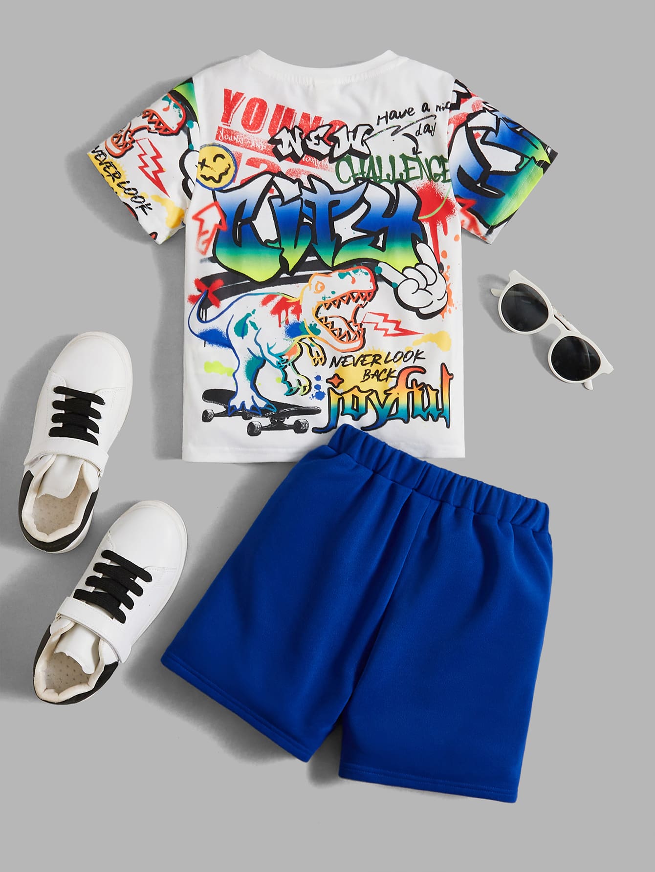 SHEIN 小男童恐龍和標語圖案T恤和短褲 - 藍白色 - 查看 1