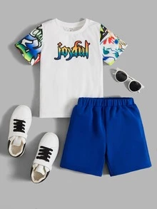 SHEIN 小男童恐龍和標語圖案T恤和短褲 - 藍白色 - 查看 2