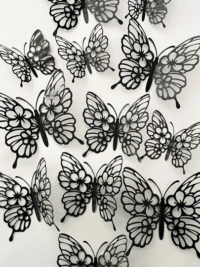12pcs/Set PVC Butterfly Sticker, 3D Hollow Out Room Decorating Creative Butterfly Sticker For Home, Stickers, Wall Decal, Vinyl Decal For Home Decorations, Spring Decoration Items Refresh Your Home, Rama Decoration Stickers Gifts Birthday Graduation School Decor School Surprise Dormitory Decor Back To School School Supplies