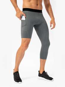 Men Pocket Side Asymmetrical Sport Tights - Grey - View 1