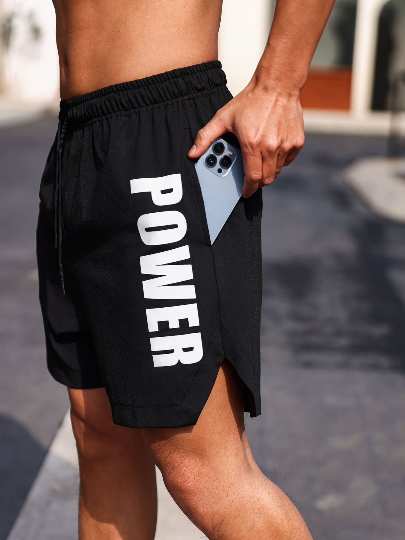 Men Letter Graphic Drawstring Waist Sports Shorts - Black - View 1