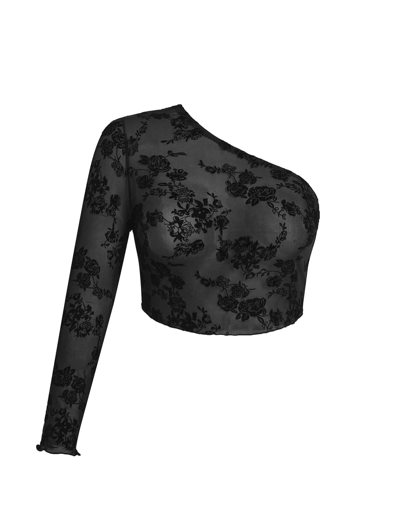 SHEIN Unity Plus Floral Print One Shoulder Crop Top - Black - View 1