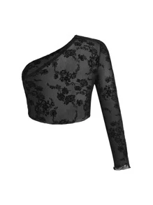 SHEIN Unity Plus Floral Print One Shoulder Crop Top - Black - View 2