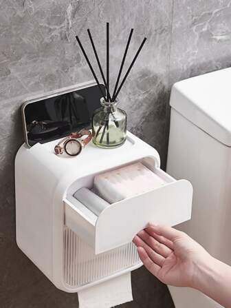 1 pieza Portarrollos de papel tisú inodoro papel minimalista blanco sin perforación montado en la pared para cuarto de baño