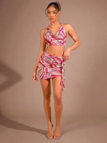 SHEIN BAE 滿版印花垂領露背掛脖上衣 - 彩色 - 查看 4