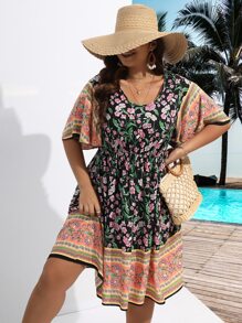 SHEIN Holidaya Plus Floral Print Butterfly Sleeve Dress - Multicolor - View 4