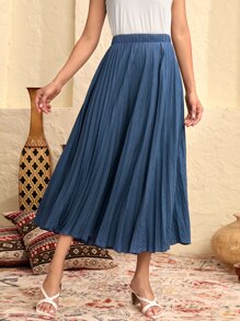 Modelyn Solid Pleated Skirt - Dusty Blue - View 3