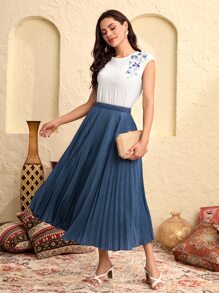 Modelyn Solid Pleated Skirt - Dusty Blue - View 1