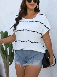 SHEIN LUNE 条纹印花蝙蝠袖 T 恤图案 T 恤女式上衣 - 白色 - 查看 6