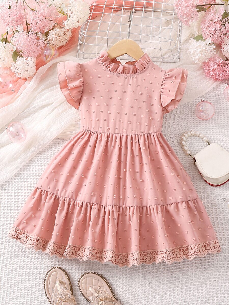 Toddler Girls Swiss Dot Contrast Lace Ruffle Hem Dress - Pink - View 1