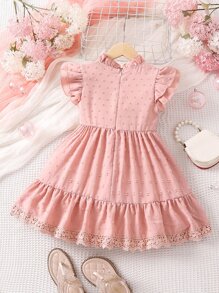 Toddler Girls Swiss Dot Contrast Lace Ruffle Hem Dress - Pink - View 2
