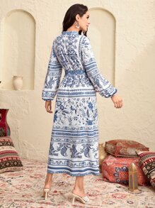 Seusyu 1入組佩斯利和花圖案燈籠袖繫腰帶連衣裙 - 藍色 - 查看 2