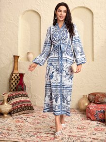 Seusyu 1入組佩斯利和花圖案燈籠袖繫腰帶連衣裙 - 藍色 - 查看 4