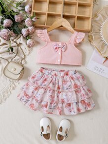 Baby Ruffle Trim Bow Front Top & Floral Print Layered Skirt - Pink - View 1