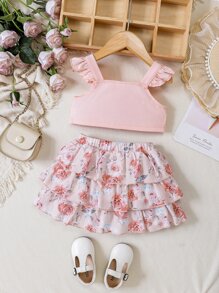 Baby Ruffle Trim Bow Front Top & Floral Print Layered Skirt - Pink - View 2
