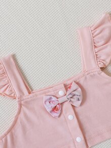 Baby Ruffle Trim Bow Front Top & Floral Print Layered Skirt - Pink - View 3