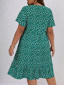SHEIN LUNE Plus Ditsy Floral Print Ruffle Hem Smock Dress - Mint Green - View 3