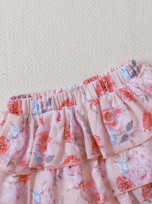 Baby Ruffle Trim Bow Front Top & Floral Print Layered Skirt - Pink - View 6