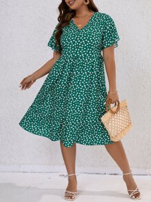 SHEIN LUNE Plus Ditsy Floral Print Ruffle Hem Smock Dress - Mint Green - View 4