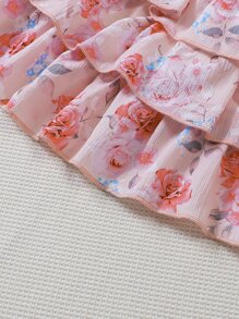 Baby Ruffle Trim Bow Front Top & Floral Print Layered Skirt - Pink - View 7