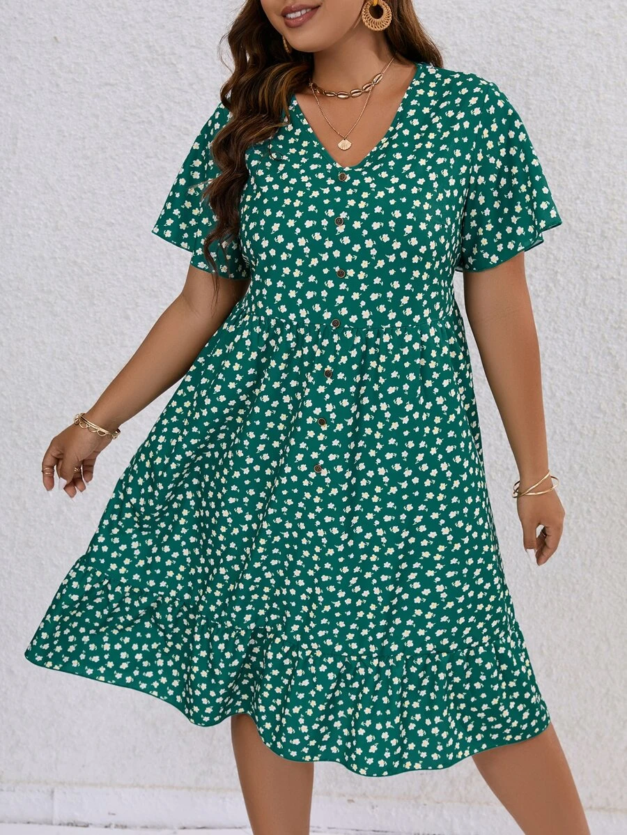 SHEIN LUNE Plus Ditsy Floral Print Ruffle Hem Smock Dress - Mint Green - View 1