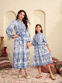 Seusyu 1入組佩斯利和花圖案燈籠袖繫腰帶連衣裙 - 藍色 - 查看 8