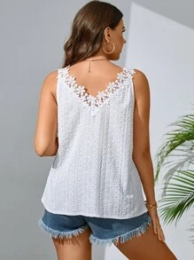 SHEIN Privé 大碼網眼刺繡拼接水溶蕾絲背心上衣 - 白色 - 查看 2