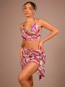 SHEIN BAE 滿版印花垂領露背掛脖上衣 - 彩色 - 查看 1