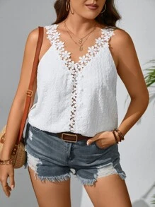SHEIN Privé 大碼網眼刺繡拼接水溶蕾絲背心上衣 - 白色 - 查看 5