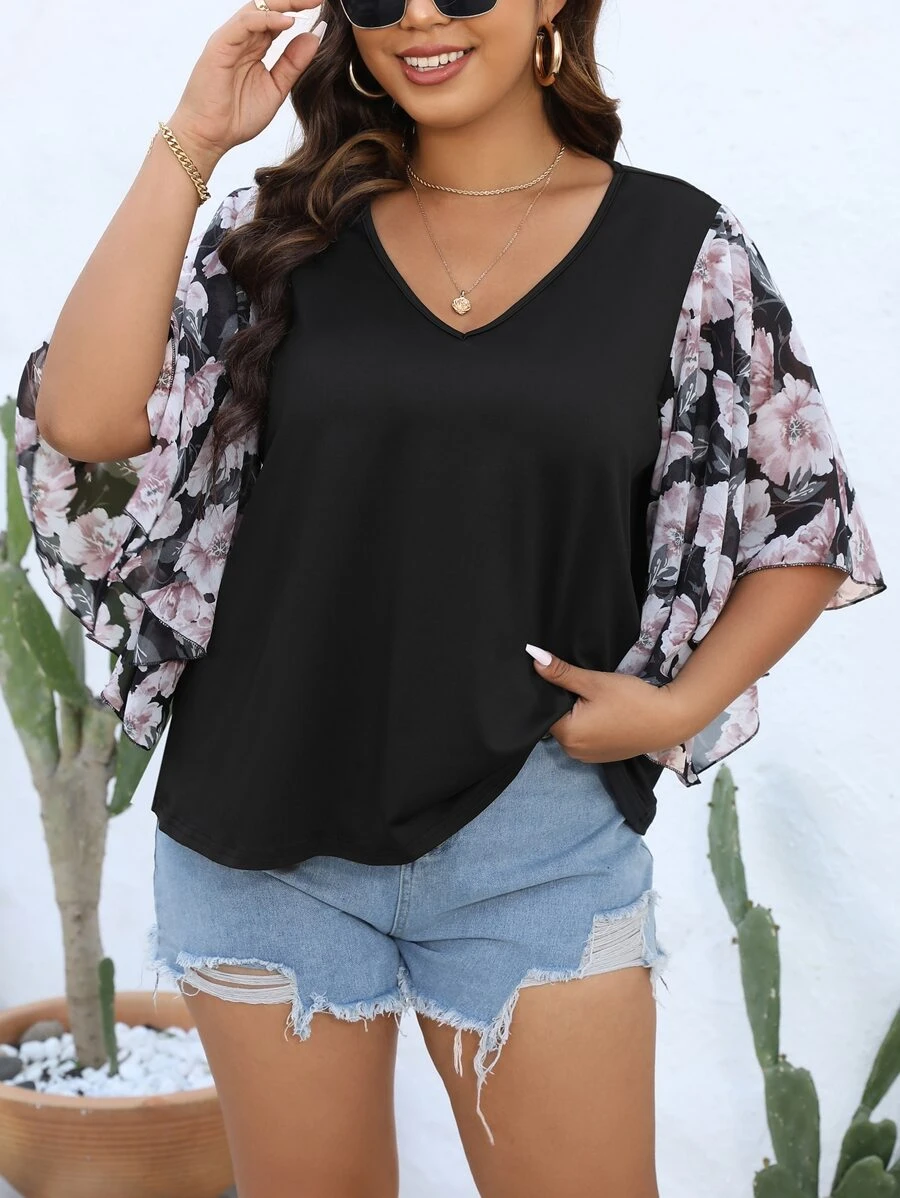 SHEIN LUNE Plus Floral Print Butterfly Sleeve Top - Black - View 1