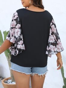 SHEIN LUNE Plus Floral Print Butterfly Sleeve Top - Black - View 2