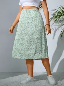 Sunnyshic 大碼碎花高腰半身裙 - 綠色 - 查看 1