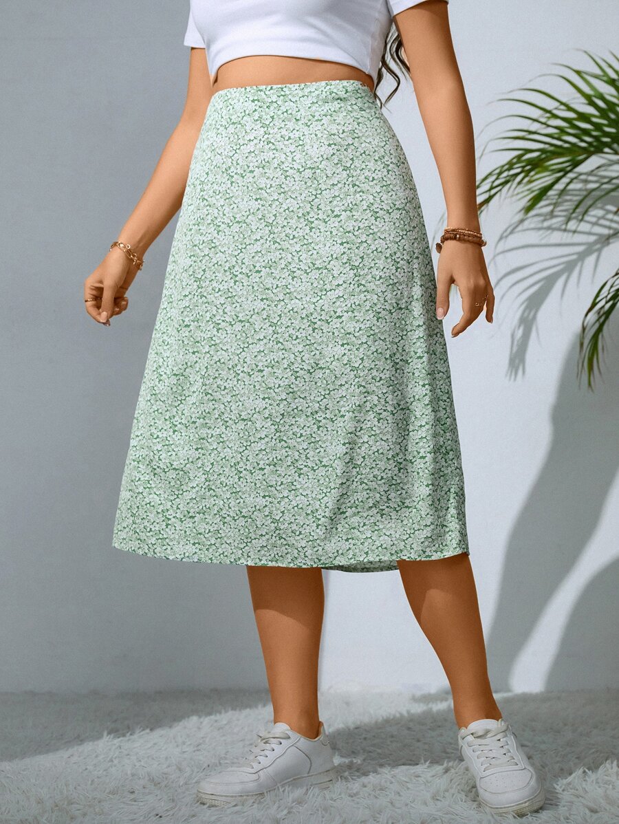 Sunnyshic 大碼碎花高腰半身裙 - 綠色 - 查看 1