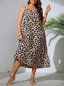 SHEIN LUNE Plus Leopard Print Split Thigh Cami Dress - Multicolor - View 3