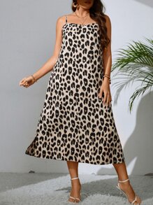 SHEIN LUNE Plus Leopard Print Split Thigh Cami Dress - Multicolor - View 4