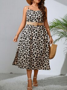 SHEIN LUNE Plus Leopard Print Split Thigh Cami Dress - Multicolor - View 5