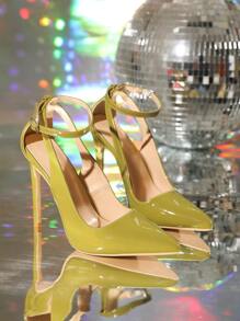 女士搭扣裝飾尖頭細跟時尚踝帶高跟單鞋 - 橄欖綠 - 查看 4