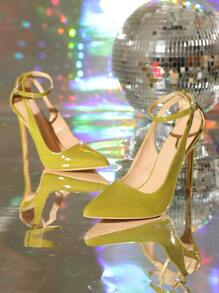 女士搭扣裝飾尖頭細跟時尚踝帶高跟單鞋 - 橄欖綠 - 查看 5