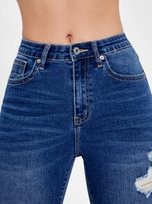 SHEIN Essnce 高腰破洞卷邊緊身牛仔褲 - 深色水洗藍 - 查看 5