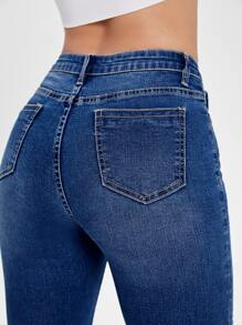 SHEIN Essnce 高腰破洞卷邊緊身牛仔褲 - 深色水洗藍 - 查看 6