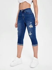 SHEIN Essnce 高腰破洞卷邊緊身牛仔褲 - 深色水洗藍 - 查看 7