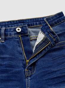 SHEIN Essnce 高腰破洞卷邊緊身牛仔褲 - 深色水洗藍 - 查看 8