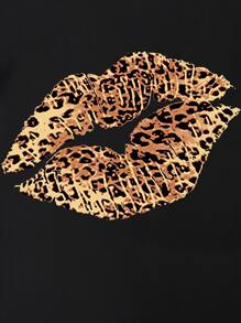 INAWLY 大码豹纹唇印落肩 T 恤图案猎豹印花 T 恤女式上衣 - 黑色 - 查看 3