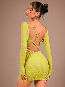 SHEIN BAE 露背交叉緊身洋裝 - 芥末黃 - 查看 1