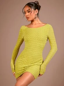 SHEIN BAE 露背交叉緊身洋裝 - 芥末黃 - 查看 4